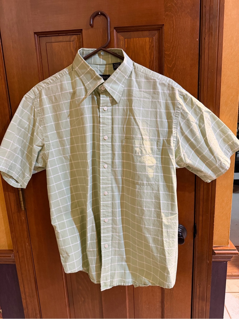 Izod Green Plaid Short-Sleeve Button-Down Casual Shirt 100% Cotton L